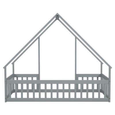 Twin Wood House-Shaped Floor Bed with Fence, Guardrails, Grey