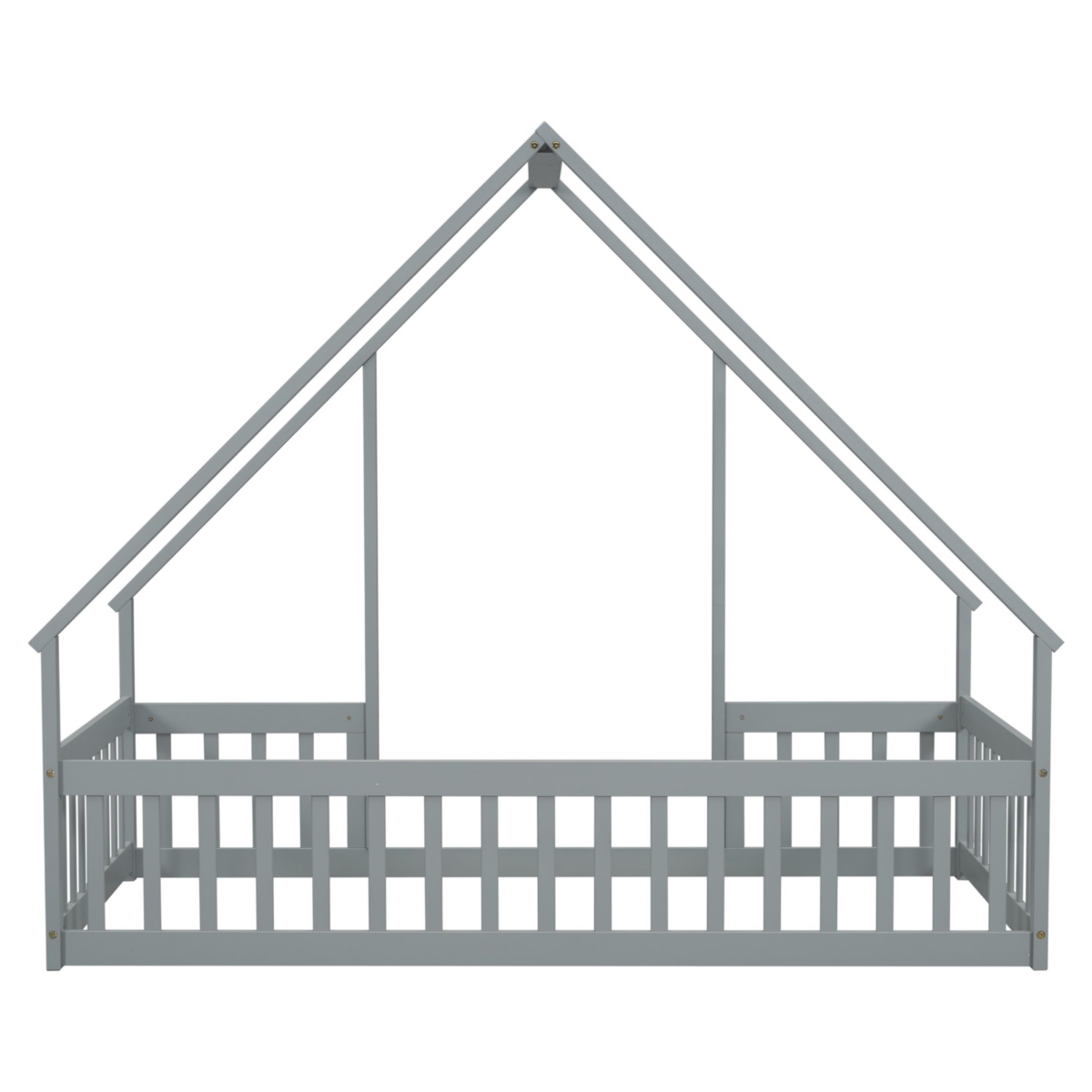Twin Wood House-Shaped Floor Bed with Fence, Guardrails, Grey