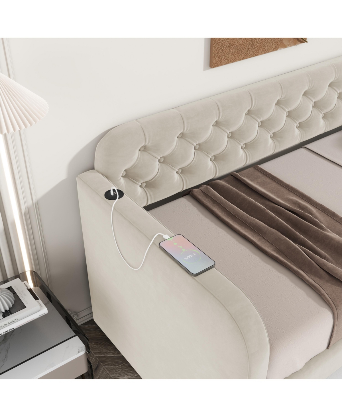 Streamdale Furniture Twin Size Upholstered Daybed with Trundle and Usb Charging Design, Velvet Upholstered Daybed Frame, Twin Sofa Bed for Living Room