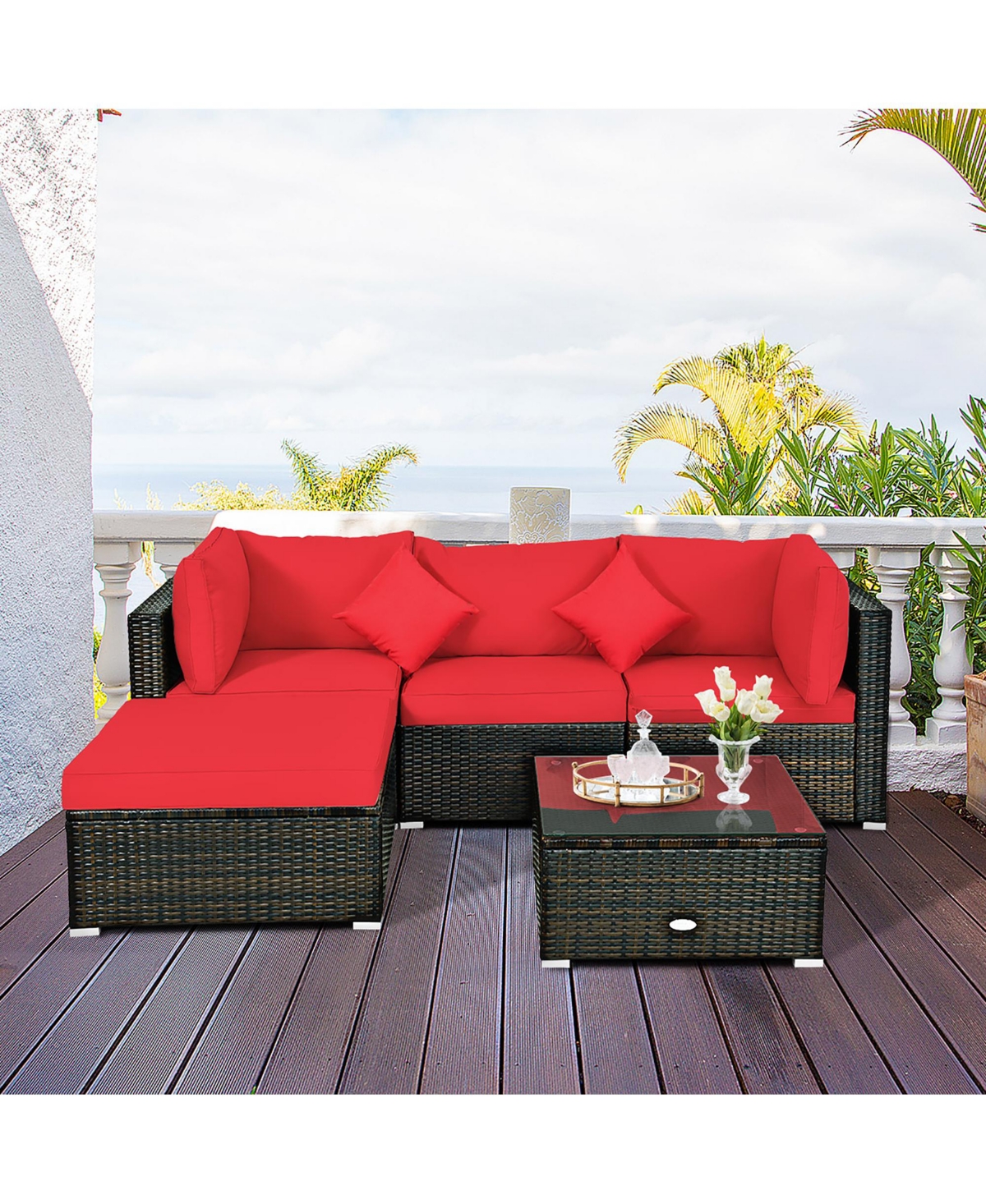 Costway 5PCS Outdoor Patio Rattan Furniture Set Sectional Conversation