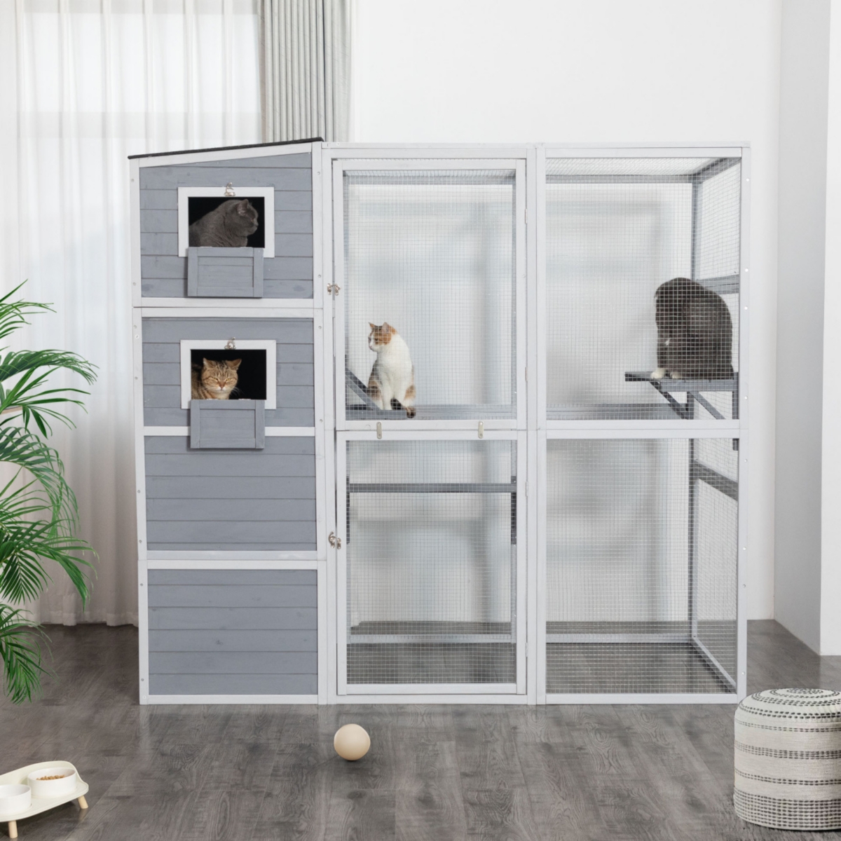Streamdale Furniture Large Wooden Cat Enclosure with Waterproof Roof and Platforms, Gray