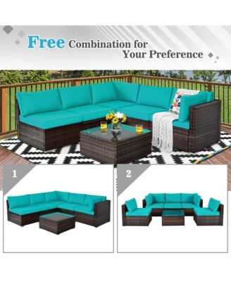 6PCS Patio Rattan Furniture Set Cushioned Sofa Coffee Table Garden