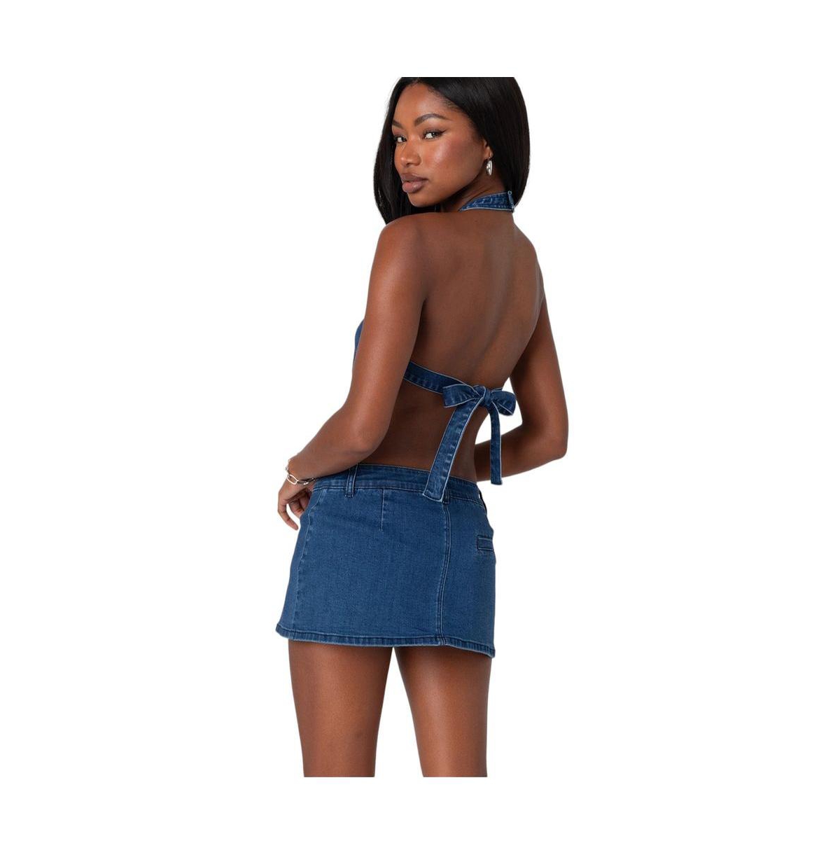Edikted Women's Sydnie Denim Open Back Top - Dark-blue