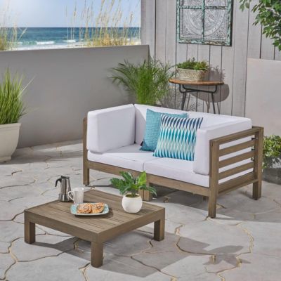 Simplie Fun Outdoor Loveseat Set with Coffee Table in Acacia Wood with Plush Cushions