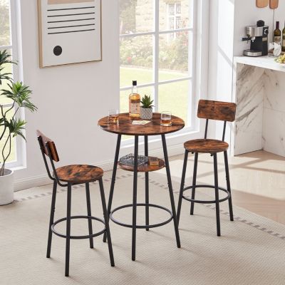 Rustic Brown Barstool Set with Backrests and Shelves