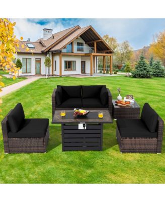 6PCS Patio Rattan Furniture Set 42'' Fire Pit Table Cover Sofa Cushion
