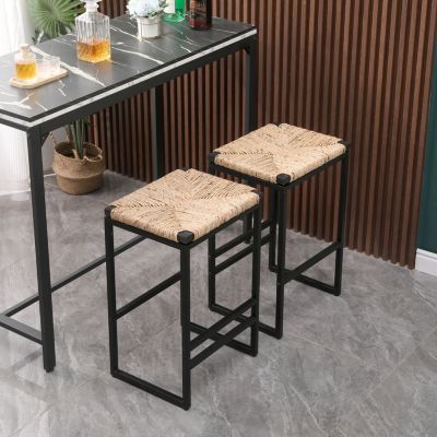 2 Water Hyacinth Woven Bar Stools With Footrest
