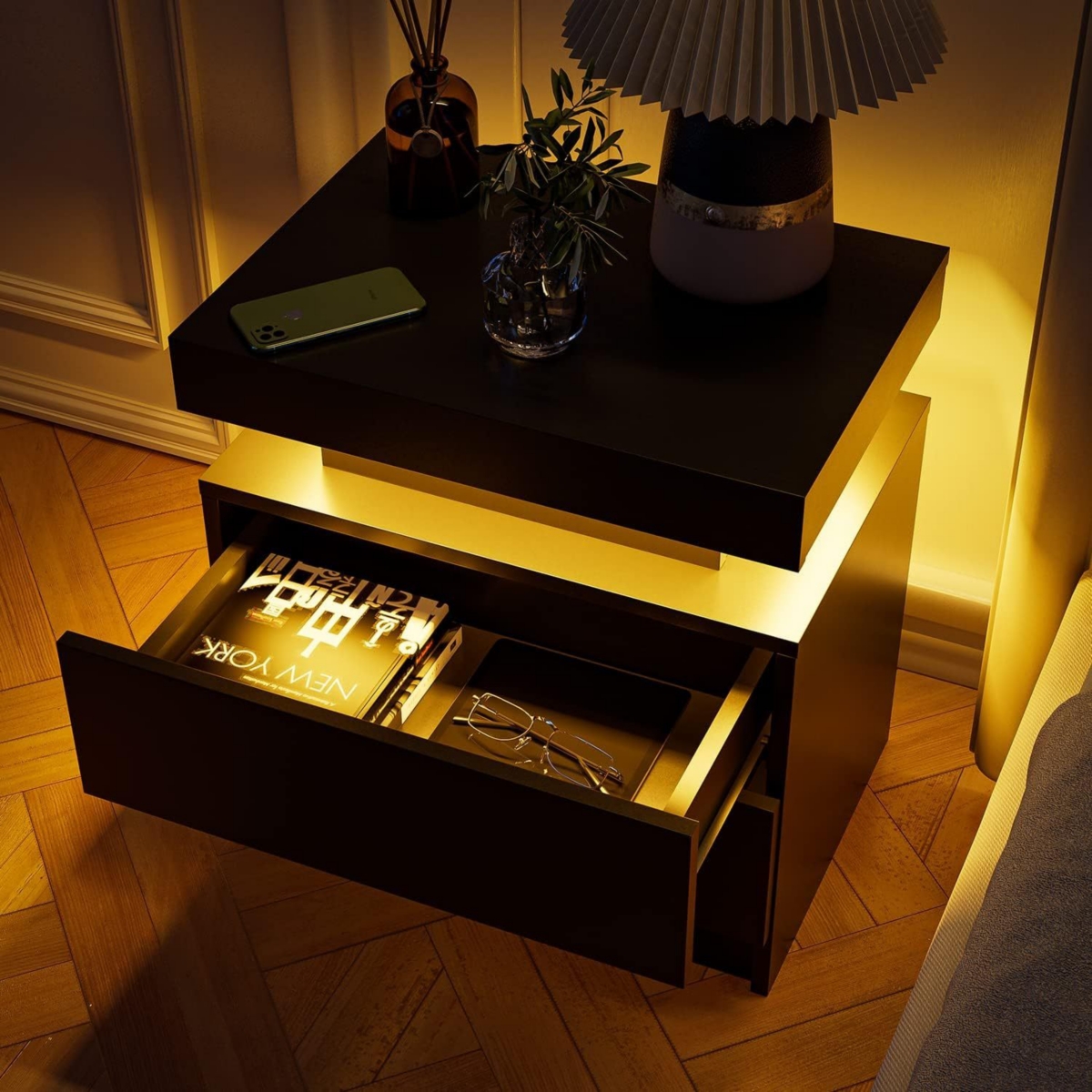 Streamdale Furniture Modern Decorative Adjustable Led Nightstand with Open Shelf and Drawers