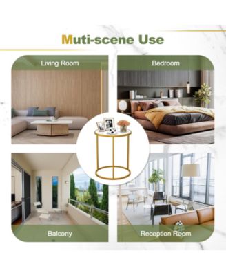 Set of 2 Round Side Tables with Marble Top and Gold Metal Frame for Living Room