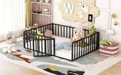Full Size Metal Floor Bed Frame with Fence and Door