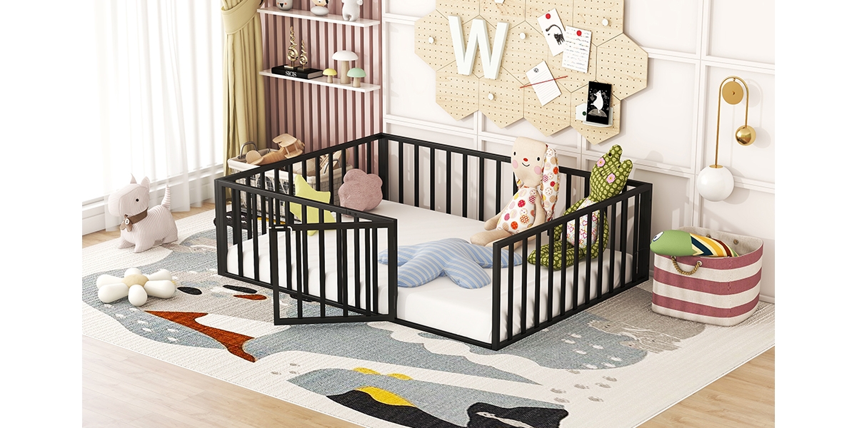 Streamdale Full Metal Floor Bed Frame with Fence and Door, White