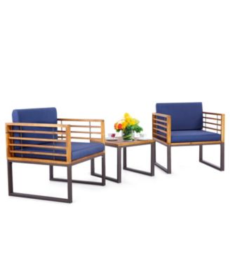 3 Pieces Patio Acacia Wood Conversation Set with Cushioned Armchairs-Navy