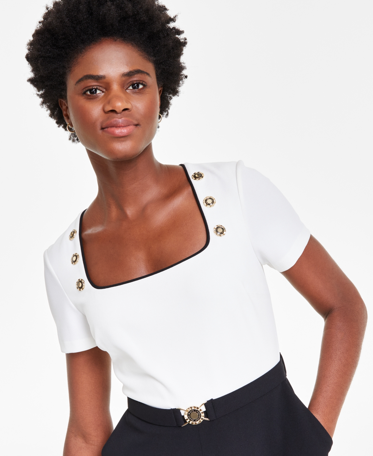 Karl Lagerfeld Paris Women's Square-Neck Short-Sleeve Belted Jumpsuit - Black