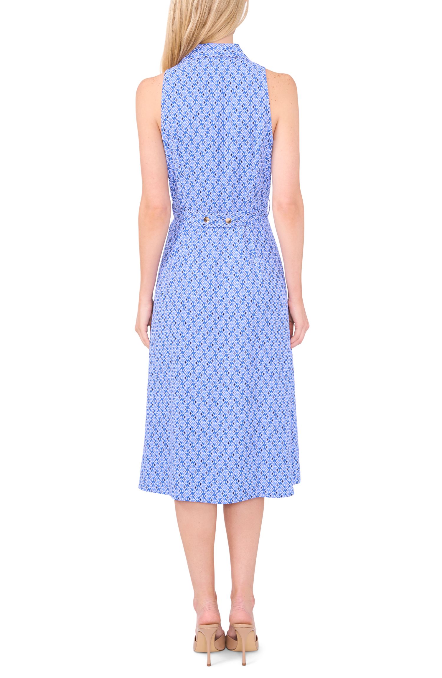 Women's Sleeveless V-Neck Belted Waist Midi Shirt Dress