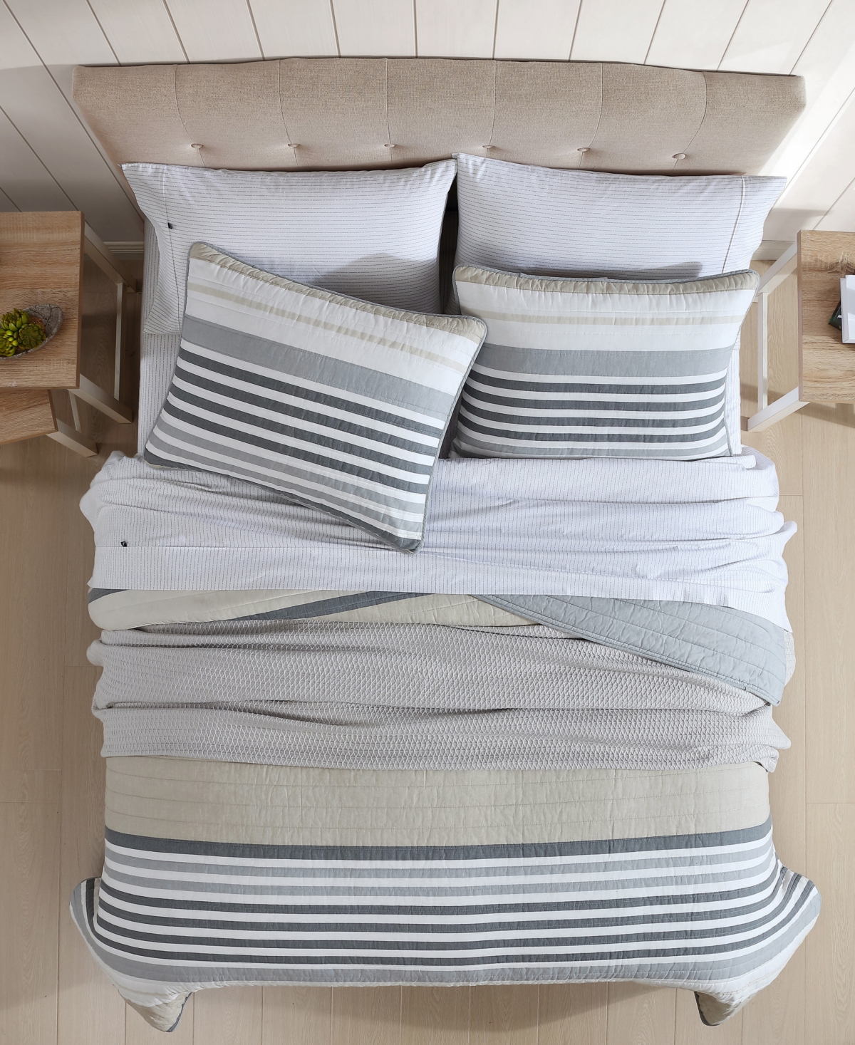 Nautica Dover Stripe Reversible 3 Piece Quilt Set, Full/queen In Beige,grey