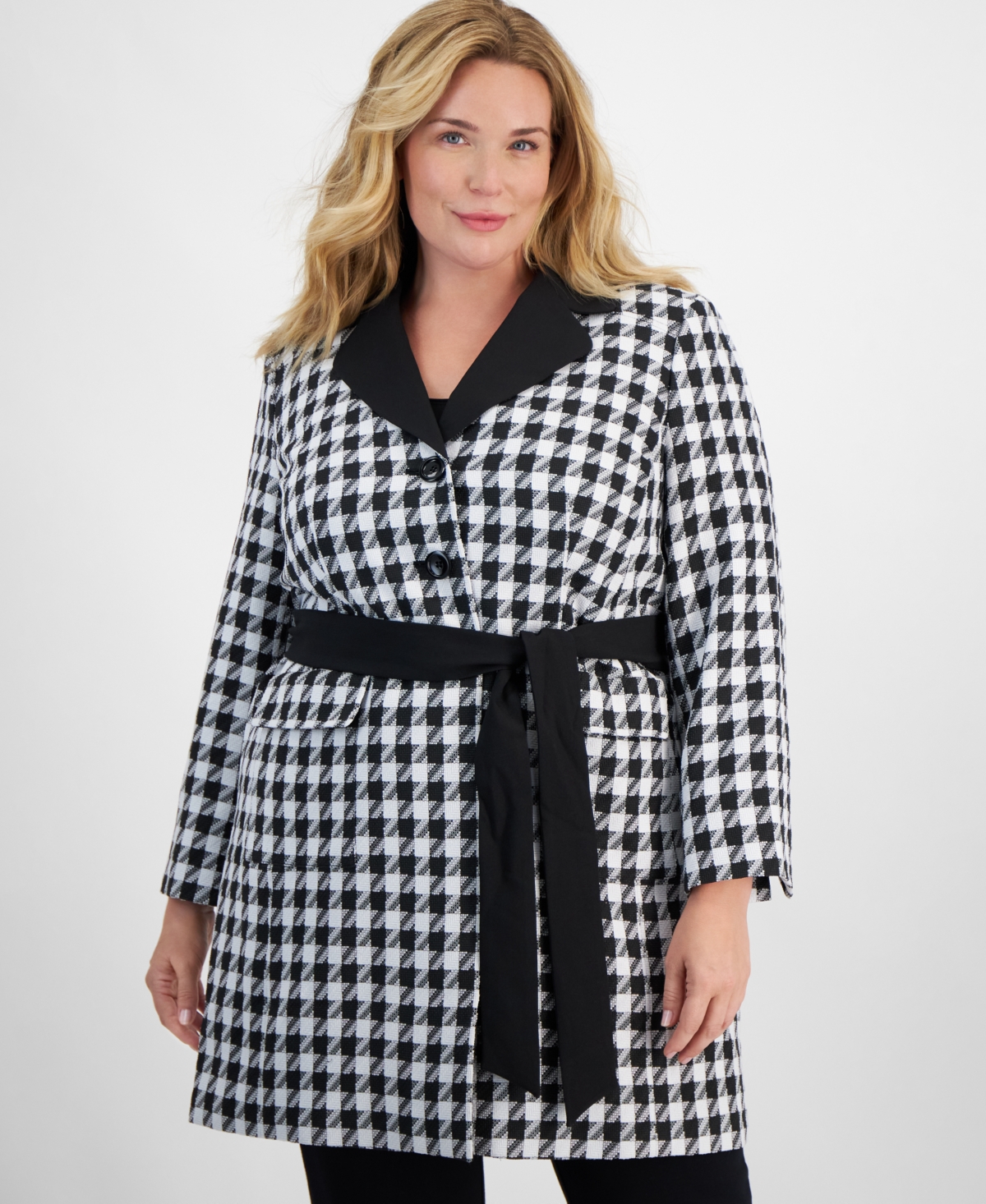 Le Suit Plus Size Houndstooth Belted Pantsuit -White