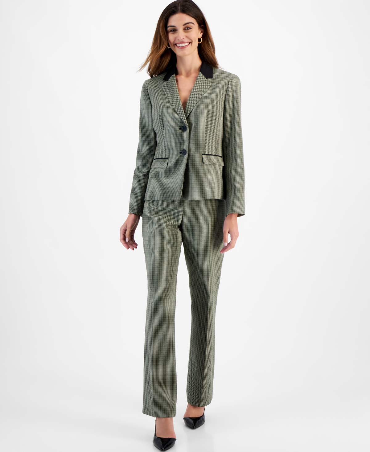 Le Suit Women's Two-button Pantsuit, Regular & Petite In Emerald Multi