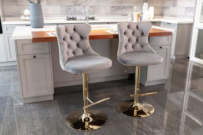 Streamdale Set of 2 Gray Velvet Bar Stools, Adjustable Height