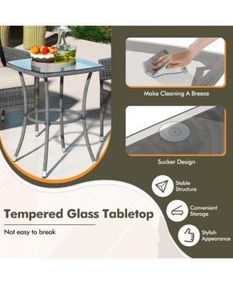 3-Piece Patio Furniture Set PE Wicker Conversation Bistro Set w/ A Tempered Glass Table