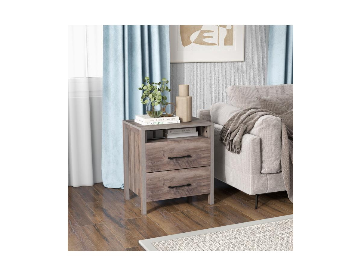 Slickblue Nightstand with 2 Drawers Farmhouse Bed Side Table with Open Storage Shelf- Grey