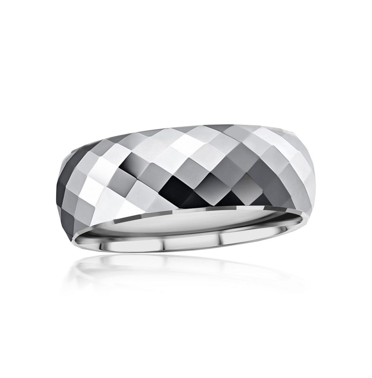 High Polished Diamond-Cut Faceted Tungsten Ring - Silver