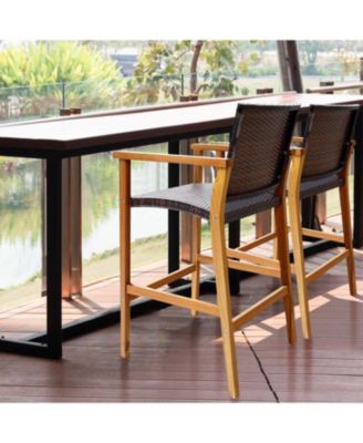 PE Wicker Patio Bar Chairs with Acacia Wood Armrests-Set of 2