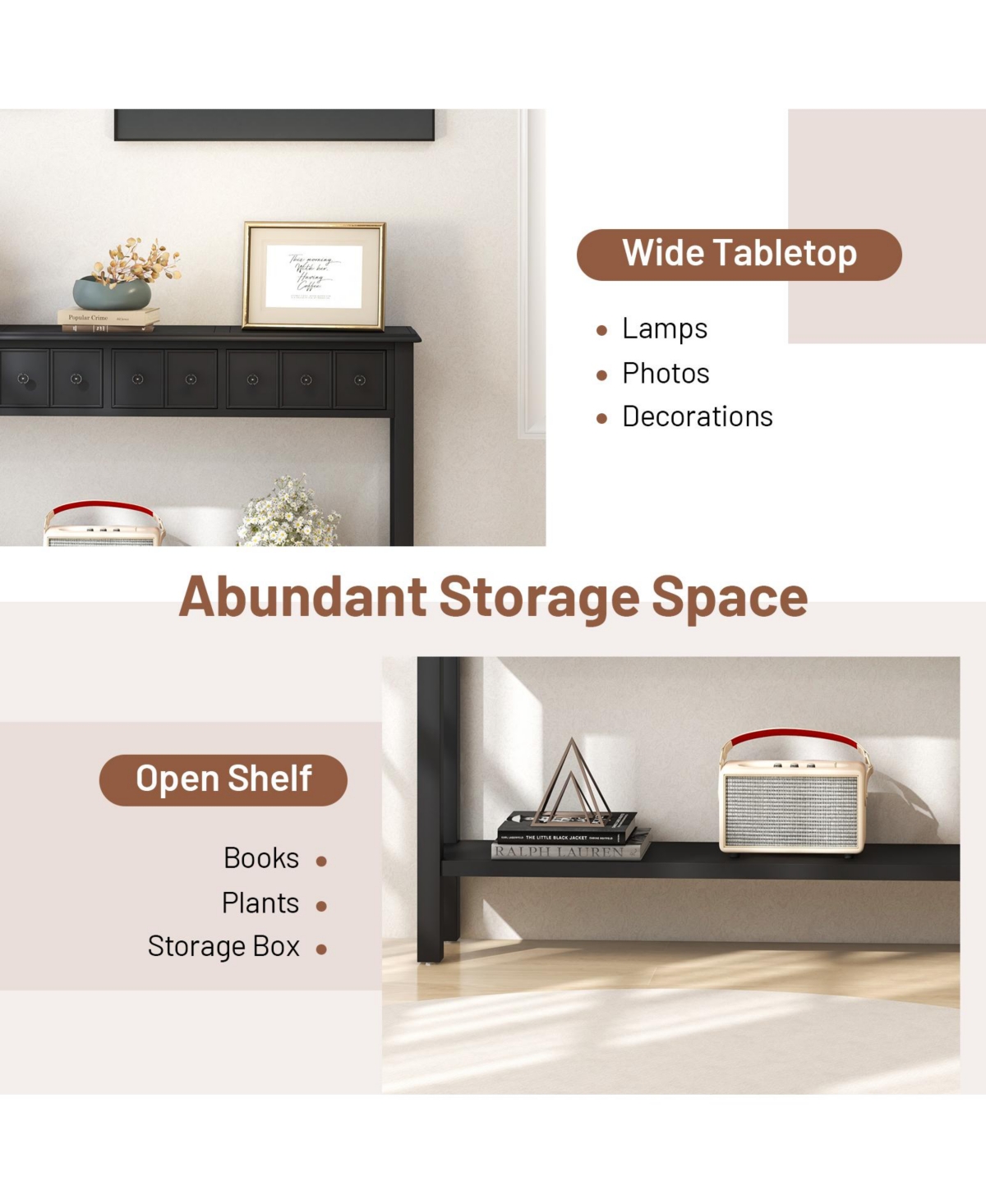 Long Sofa Table with 4 Storage Drawers and Open Lower Shelf for Living Room