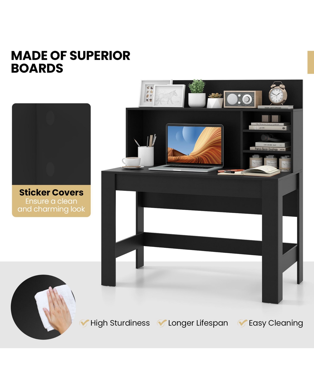 Gymax Home Office Computer Desk Study Table Writing Workstation Hutch Cable Hole- Black