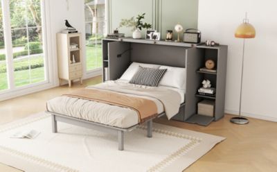 Streamdale Full Size Murphy Bed with Shelves, Drawers and USB Ports, Gray