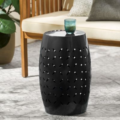 Streamdale Black Barrel-Shaped Lace-Cut Side Table for Patio or Garden