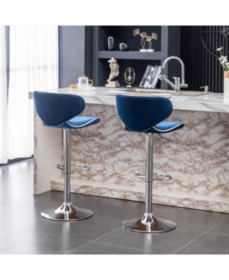 Masaccio Velvet Upholstered Adjustable Swivel Barstool, Set of 2, Blue