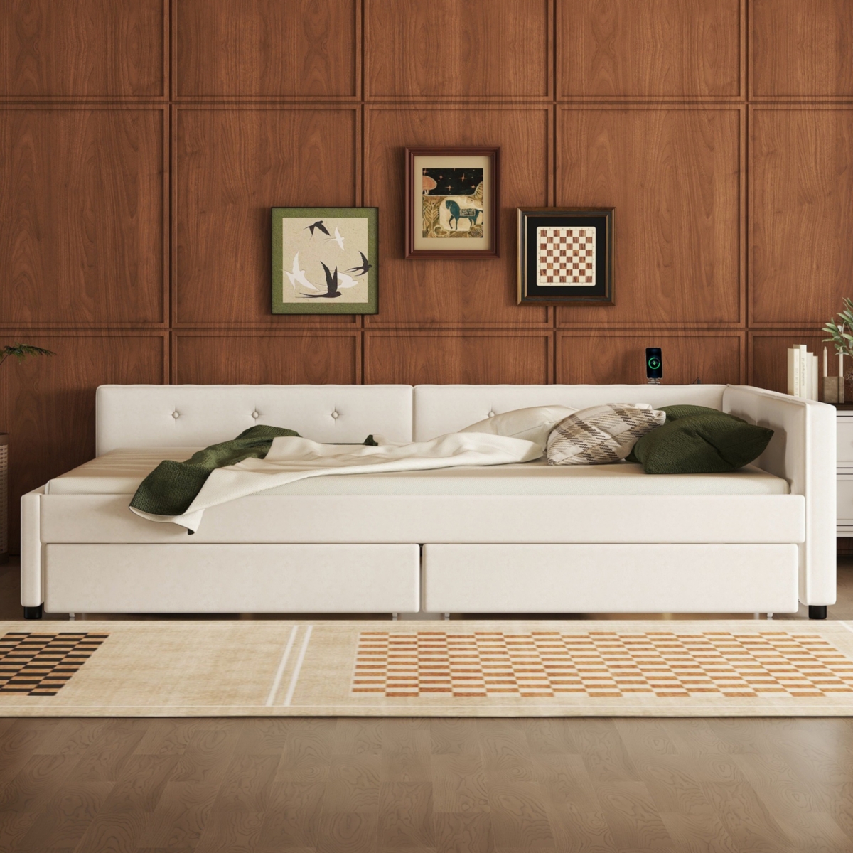Streamdale Furniture Size Upholstered Platform Bed with Usb and 2 Drawers,- Beige