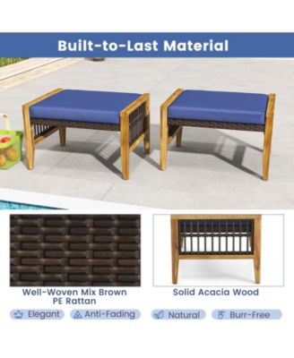 Patio Acacia Wood Ottomans with Cushions and Versatile Rattan Woven Footstools
