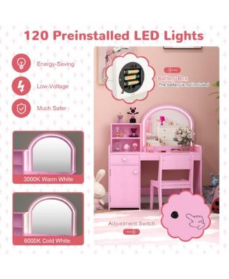 Kids Vanity Table and Chair Set with Shelves Drawer and Cabinet