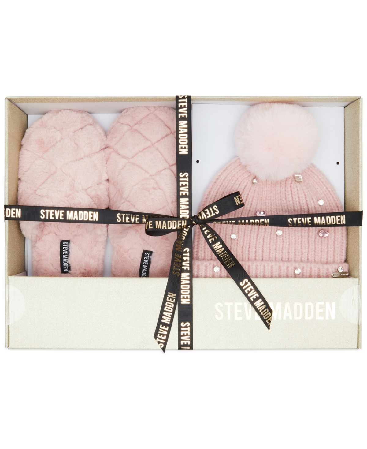 Steve Madden Women's 2-Pc. Embellished Beanie & Faux-Fur Slippers Boxed  Gift Set - Black | Smart Closet