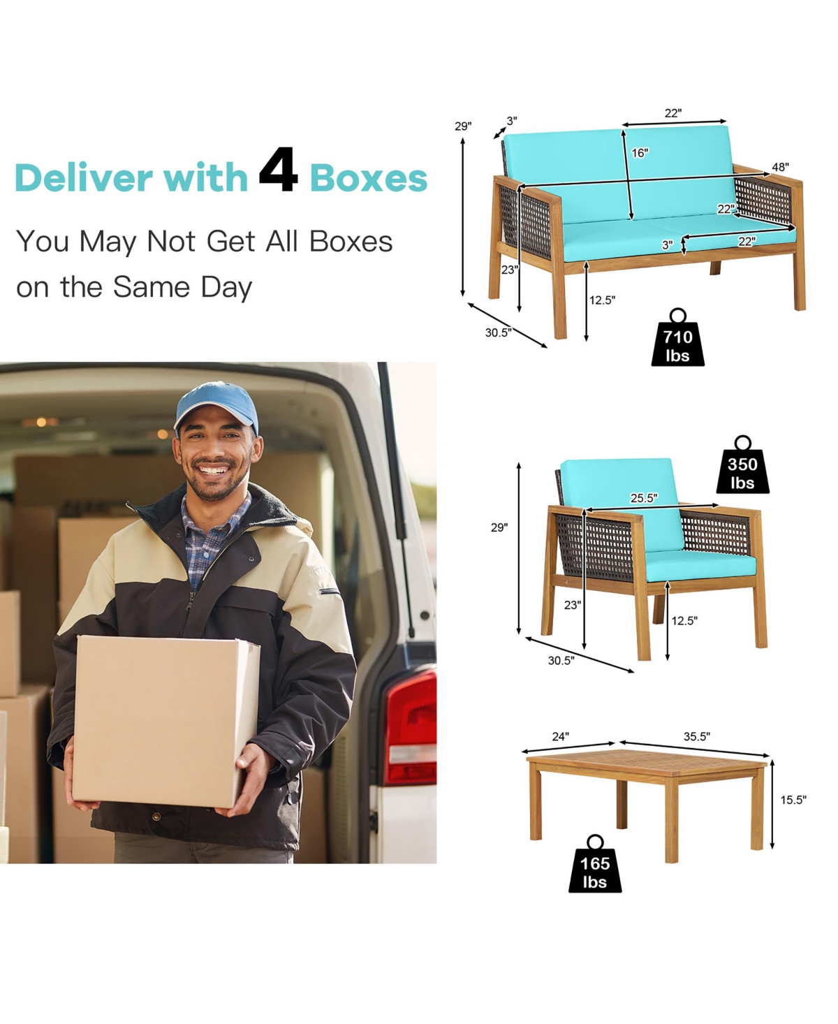 8PCS Patio Rattan Furniture Set Acacia Wood Cushioned Sofa