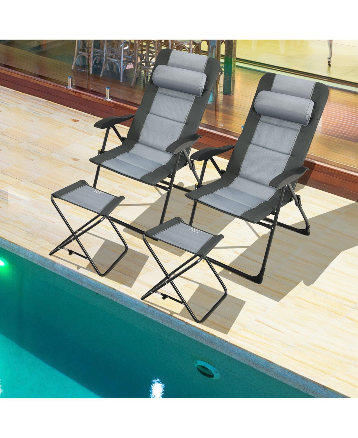 Slickblue Set of 2 Patiojoy Patio Folding Dining Chair with Ottoman Set Recliner Adjustable- Grey