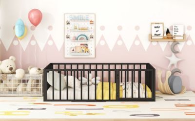 Streamdale Twin Size Metal Floor Bed Frame with Fence and Door, White