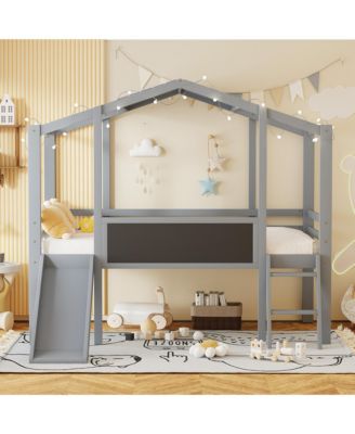 Gray Twin Loft Bed with Ladder, Slide, and Blackboard