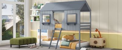 Streamdale Gray Bunk Bed with Roof, Window, and Guardrail