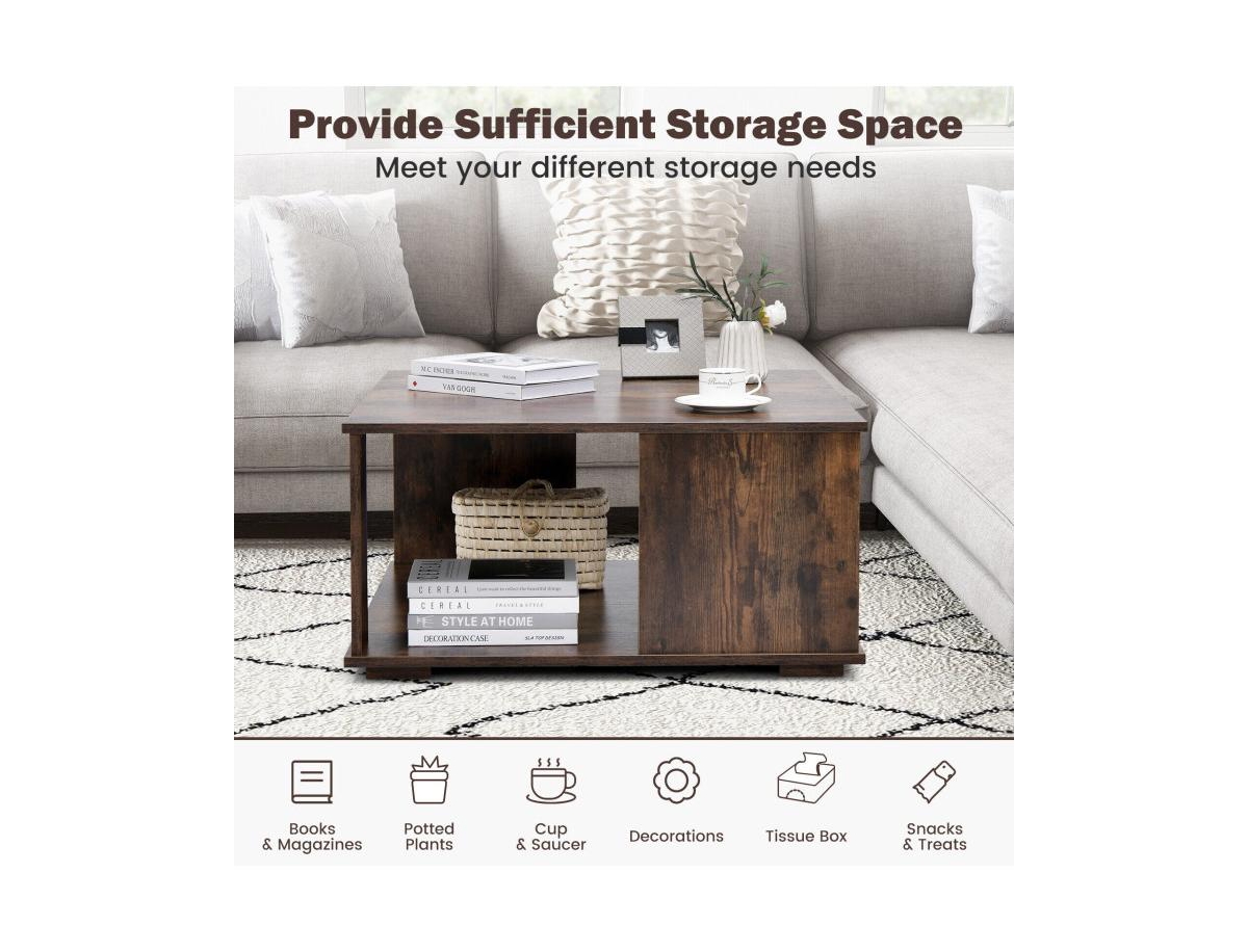 Slickblue 2 Tiers Square Coffee Table with Storage and Non-Slip Foot Pads- Rustic Brown
