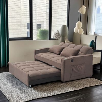 Space-Saving Velvet Upholstered Sofa Bed with Built-in Device Convenience