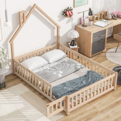 Full House-Shaped Headboard Floor Bed With Fence