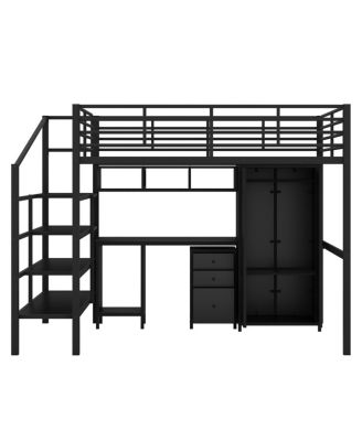 Metal Loft Bed With Table Set And Wardrobe, Full