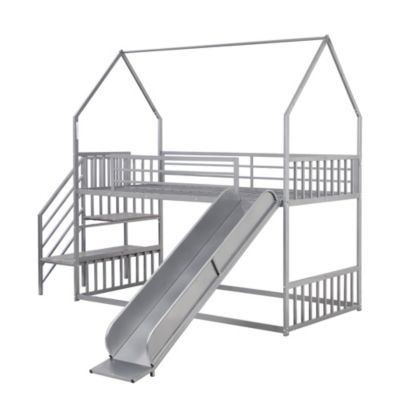 Twin Size Metal Bunk Bed House Bed With Slide And Staircase
