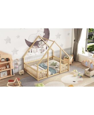 Simplie Fun Full Wood House-Shaped Floor Bed with Fence, Guardrails, Natural