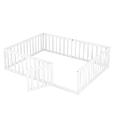 Streamdale Queen Size Wood Floor Bed Frame With Fence And Door