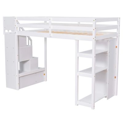 Twin Loft Bed with Drawers & Stairs, Shelves