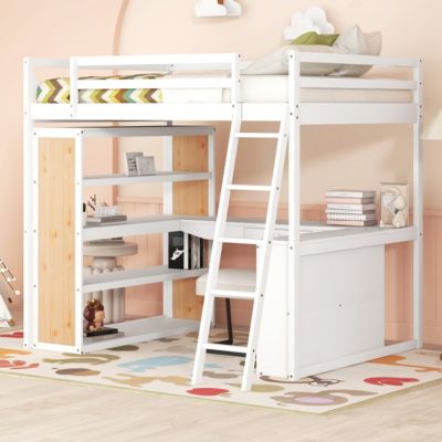 Streamdale Full Size Loft Bed With Ladder, Shelves, And Desk, White