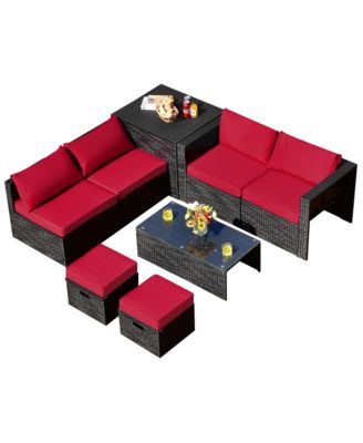 8PCS Patio Rattan Furniture Set Storage Table Ottoman